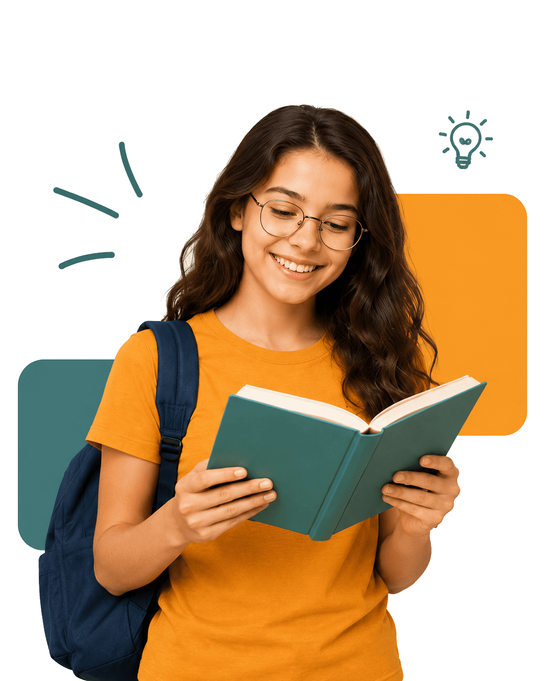 Estudante sorridente com mochila, lendo um livro